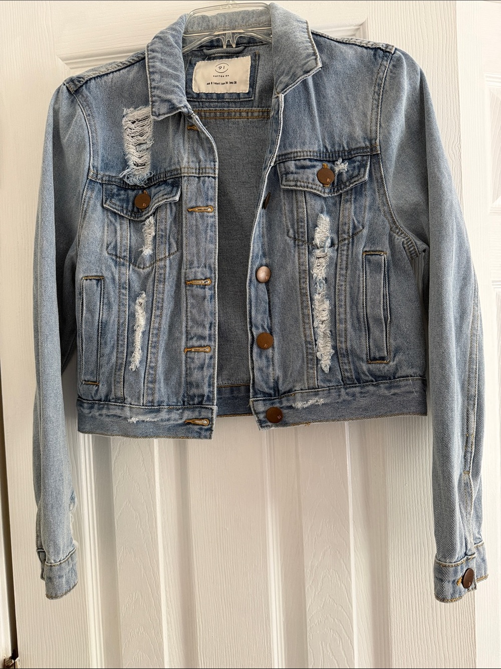 Cotton On Light Blue Distressed Cropped Denim Jacket